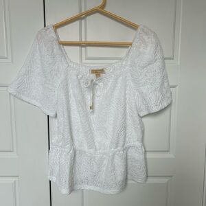 Michael Kors White Eyelet Peplum Blouse with Tie Neck